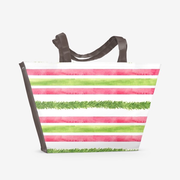 Пляжная сумка «Новогодний акварельный принт в зеленую и красную полоску  и еловая ветвь»
