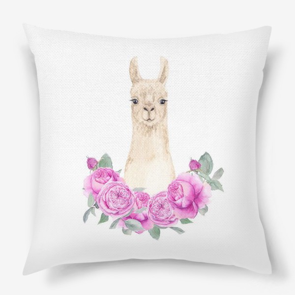 Подушка «Лама (альпака) с розовыми розами, лето, акварельный портрет животного на белом фоне»