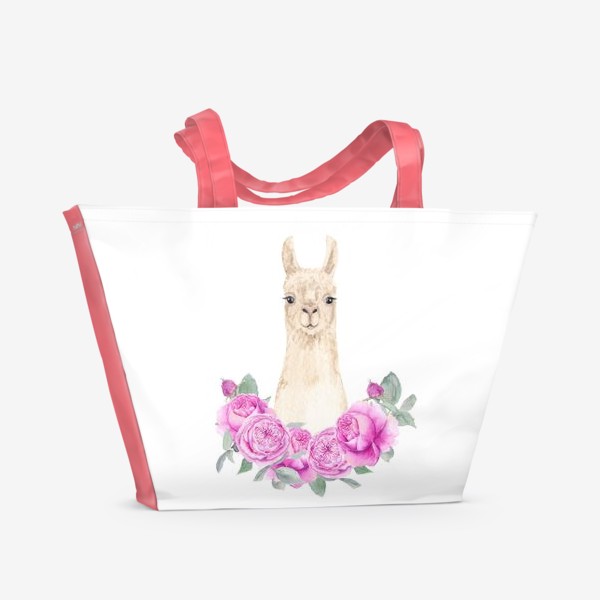 Пляжная сумка «Лама (альпака) с розовыми розами, лето, акварельный портрет животного на белом фоне»