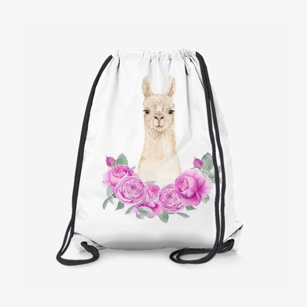 Рюкзак «Лама (альпака) с розовыми розами, лето, акварельный портрет животного на белом фоне»