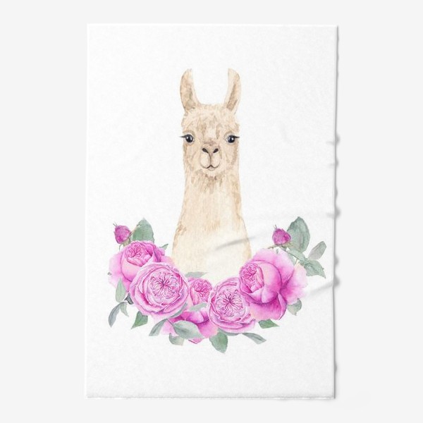 Полотенце «Лама (альпака) с розовыми розами, лето, акварельный портрет животного на белом фоне»