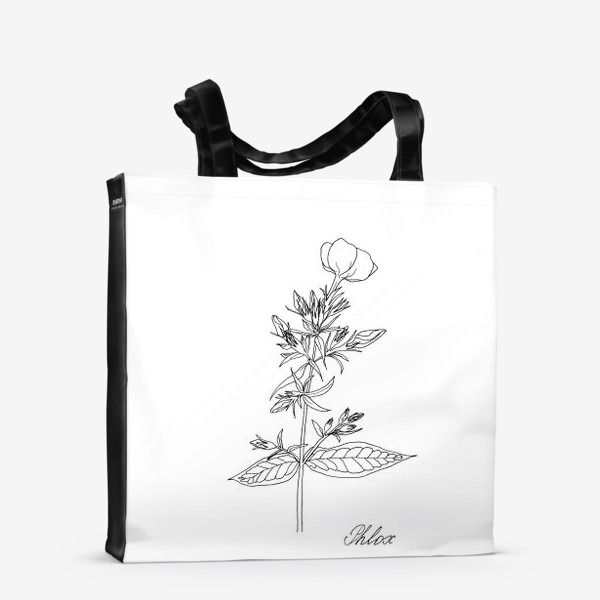 Сумка-шоппер «Цветок флокса, черно-белая летняя ботаническая иллюстрация, графика, линейный рисунок на белом фоне»
