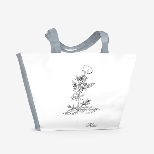 Пляжная сумка «Цветок флокса, черно-белая летняя ботаническая иллюстрация, графика, линейный рисунок на белом фоне»