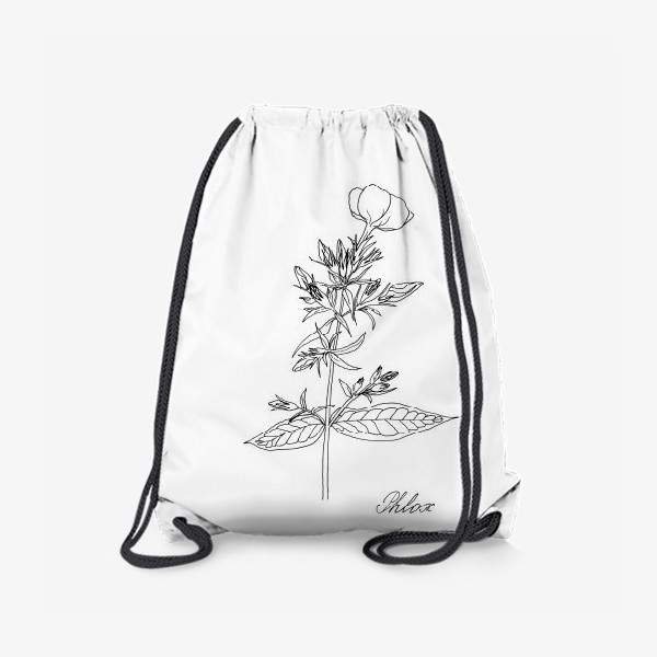 Рюкзак «Цветок флокса, черно-белая летняя ботаническая иллюстрация, графика, линейный рисунок на белом фоне»