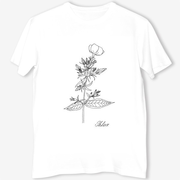 Футболка «Цветок флокса, черно-белая летняя ботаническая иллюстрация, графика, линейный рисунок на белом фоне»