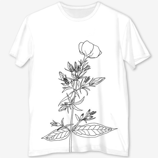 Футболка с полной запечаткой &laquo;Цветок флокса, черно-белая летняя ботаническая иллюстрация, графика, линейный рисунок на белом фоне&raquo;