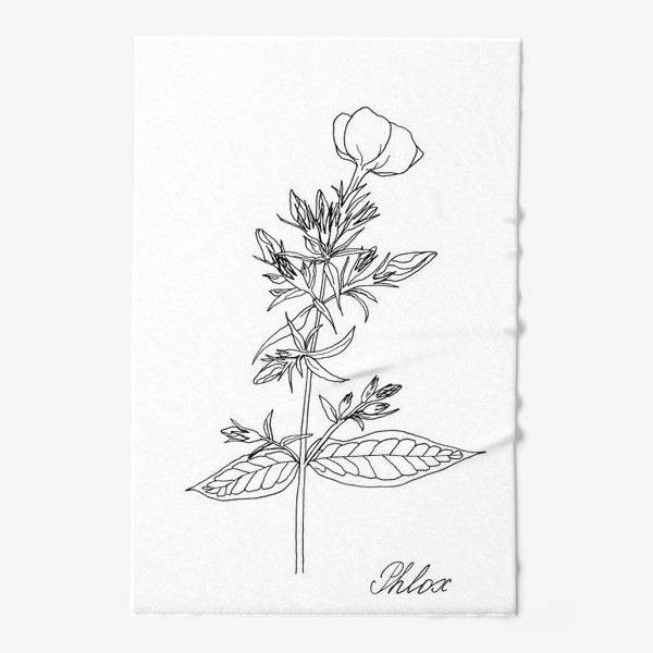 Полотенце «Цветок флокса, черно-белая летняя ботаническая иллюстрация, графика, линейный рисунок на белом фоне»