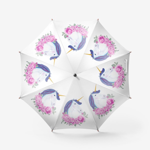 Зонт «Белый единорог с розовыми розами, акварельный принт»