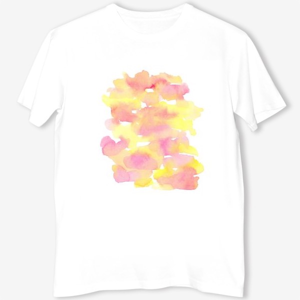 Футболка «Акварельный  летний принт, абстрактные пятна розовые, желтые, оранжевые, кораловые  на белом фоне»