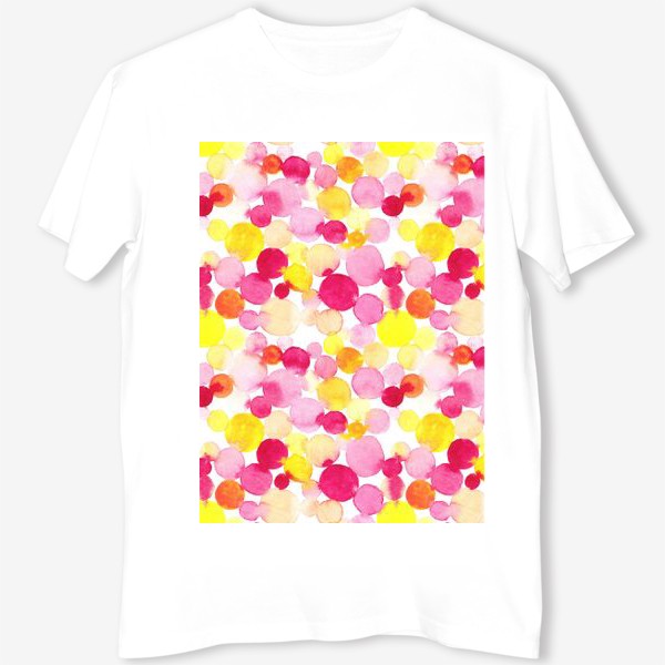 Футболка &laquo;Акварельные круги, летний абстрактный геометрический паттерн в горошек розовый желтый, оранжевый на белом фоне&raquo;