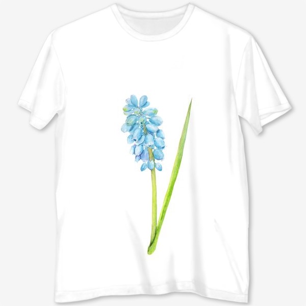Футболка с полной запечаткой «Ботаническая акварельная иллюстрация, весенний голубой цветок, мускари (мышиный гиацинт)»