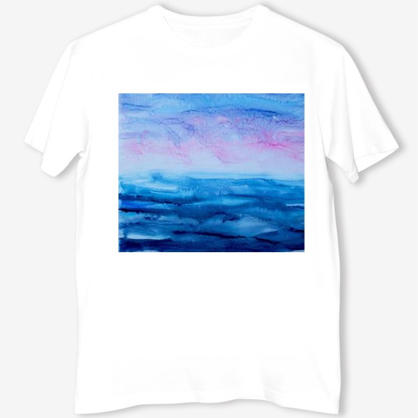 Футболка «Закат на море. Абстракция, современная акварель, жидкая техника, голубой и розовый цвета, волны, небо, лето»