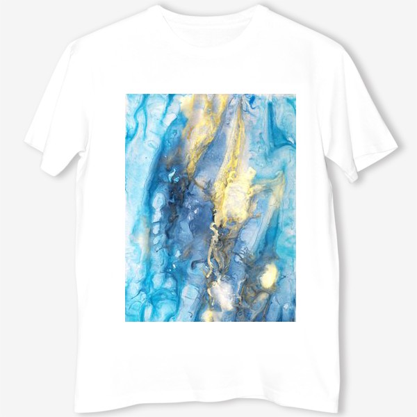 Футболка &laquo;Море. Абстракция, современная авторская акварель, жидкая техника. Голубой и золотой цвета, небо, звезды&raquo;