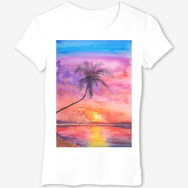Футболка «Закат на океане. Пейзаж, пальма, море, пляж, небо»