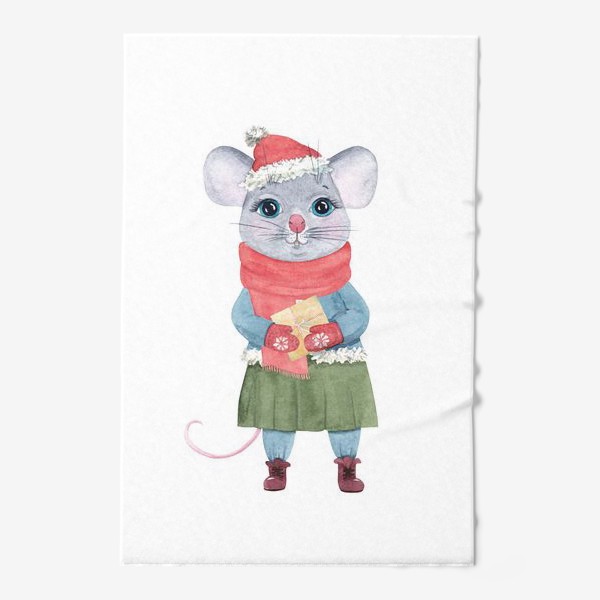 Полотенце «Мышка в зимней одежде и новогодней шапке, с подарком. Акварельный мультяшный рождественский принт.»
