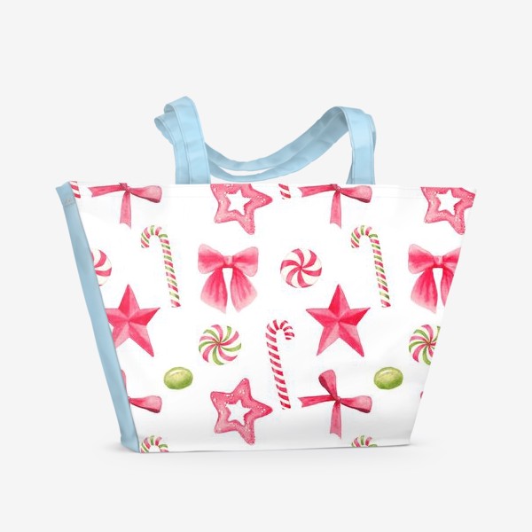 Пляжная сумка «Новый год и рождество, конфеты, звезды и банты. Акварельный принт на белом фоне»