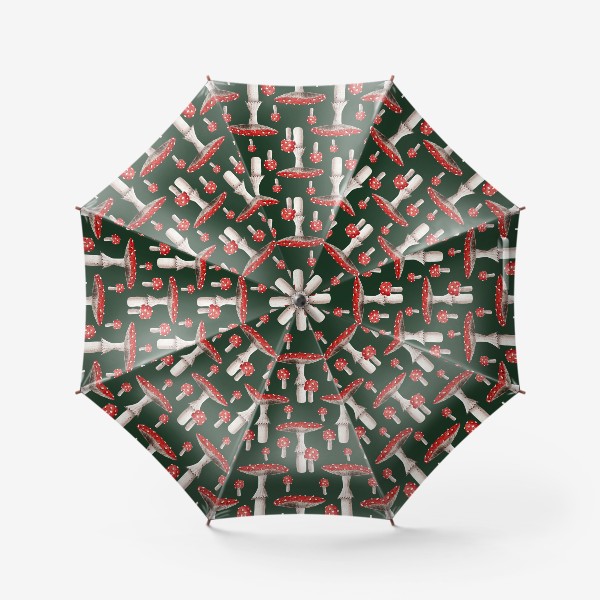 Зонт «Паттерн мухоморы на тёмно-зелёном фоне»