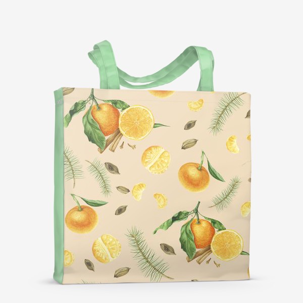 Сумка-шоппер «Новогодний принт с мандаринами на бежевом фоне»