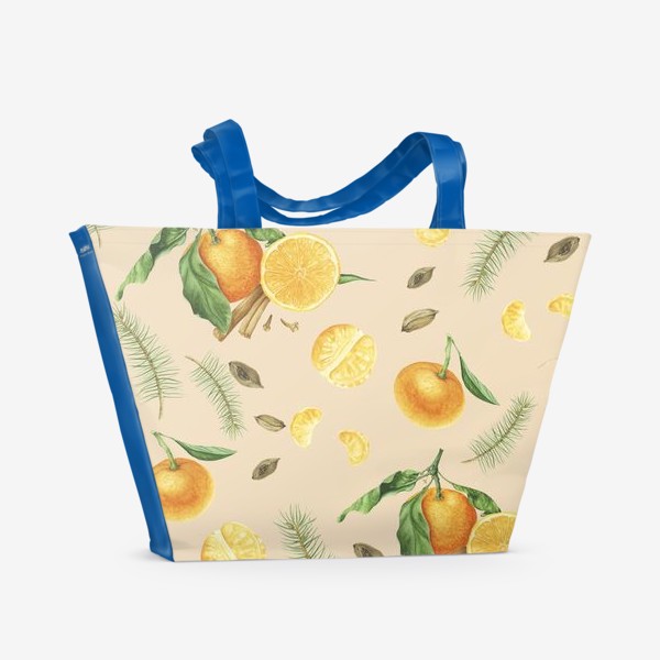 Пляжная сумка «Новогодний принт с мандаринами на бежевом фоне»