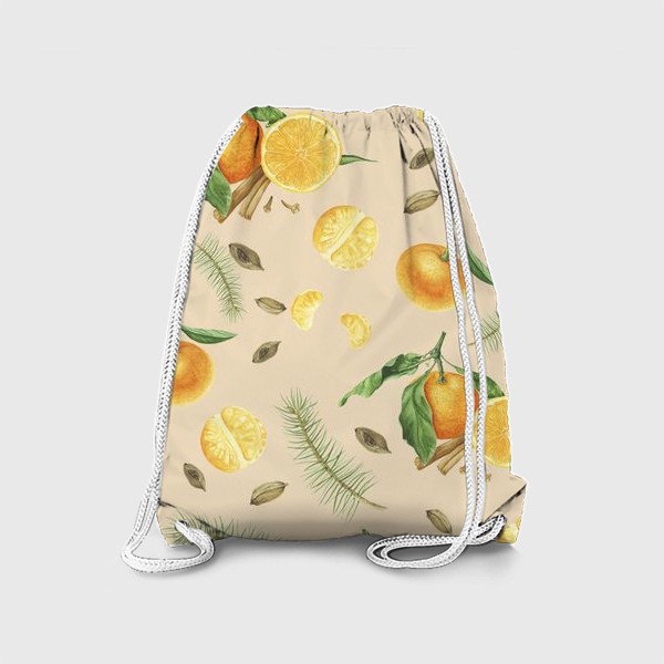 Рюкзак «Новогодний принт с мандаринами на бежевом фоне»