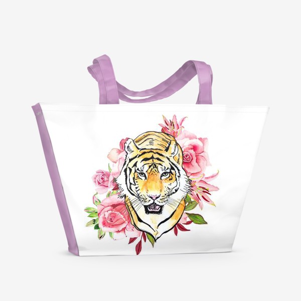 Пляжная сумка «Тигр и розовые розы акварель»