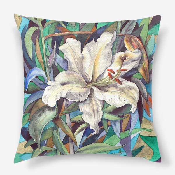 Подушка «белая лилия в листве, мозайка»