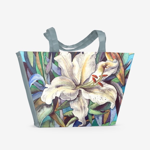 Пляжная сумка «белая лилия в листве, мозайка»