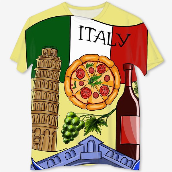 Футболка с полной запечаткой &laquo;Италия. Любовь моя. Итальянская раскраска в красках.&raquo;