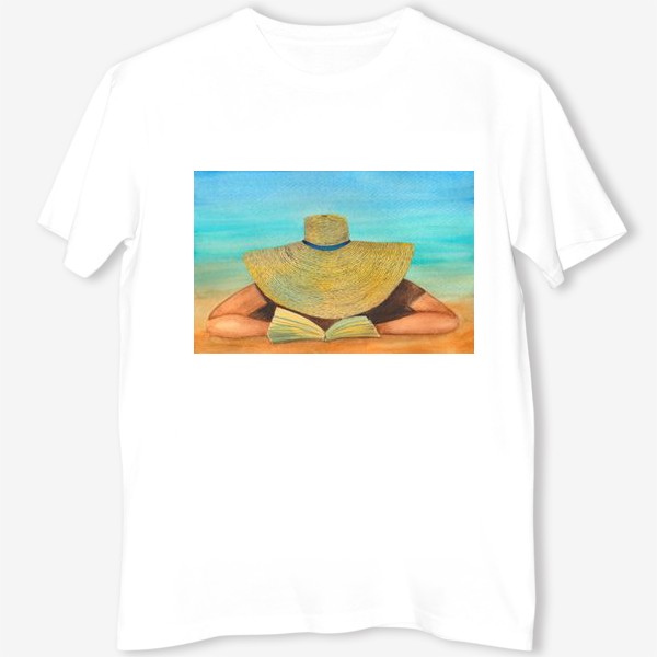 Футболка «Девушка в шляпе на пляже с книгой»