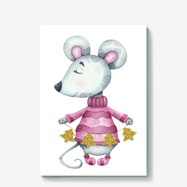 Холст &laquo;Новогодняя милая мышка в свитере с елочной гирляндой&raquo;