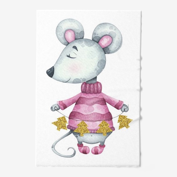 Полотенце «Новогодняя милая мышка в свитере с елочной гирляндой»