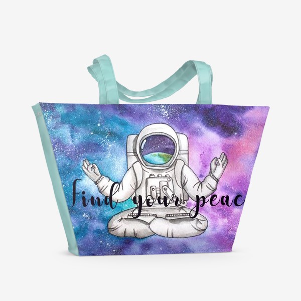 Пляжная сумка «Космонавт в открытом космосе в позе лотоса с надписью "Find your peace"»