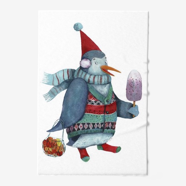 Полотенце «Пингвин в колпачке и цветастой кофте с мороженым и апельсинами в авоське»