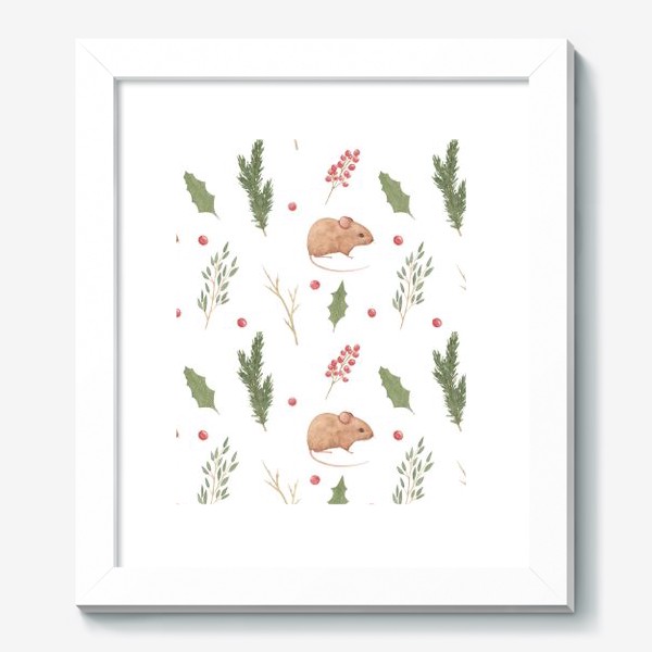 Картина «Мышка и зимние растения,  акварельный новогодний и рождественский лесной принт на белом фоне.»