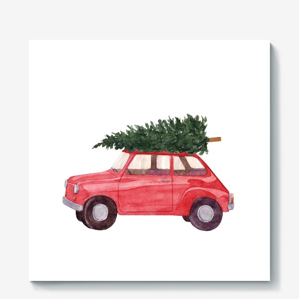 Холст «Красная машина с новогодней елкой на крыше. Рождественский акварельный принт на белом фоне»