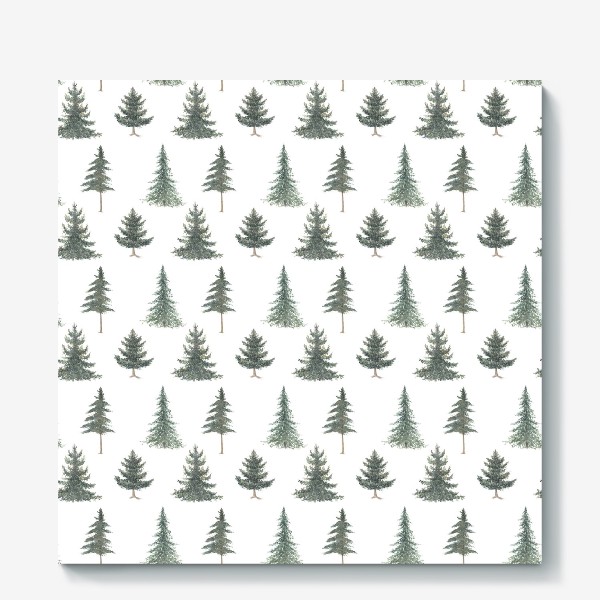 Холст «Хвойный зимний лес с елями и соснами. Акварельный рождественский паттерн с новогодними растениями на белом фоне»