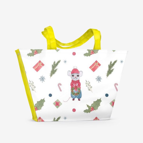 Пляжная сумка «Мышонок с новогодним венком. Зимний акварельный рождественский принт на белом фоне.»