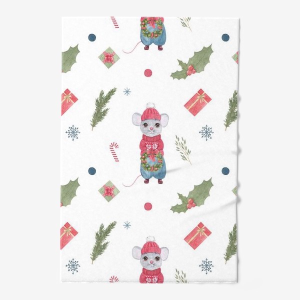 Полотенце «Мышонок с новогодним венком. Зимний акварельный рождественский принт на белом фоне.»