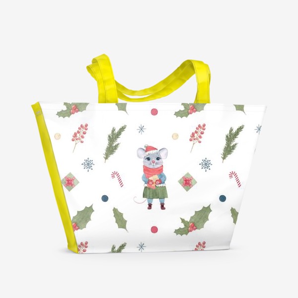 Пляжная сумка «Мышонок с новогодним подарком. Зимний акварельный рождественский  принт на белом фоне.»