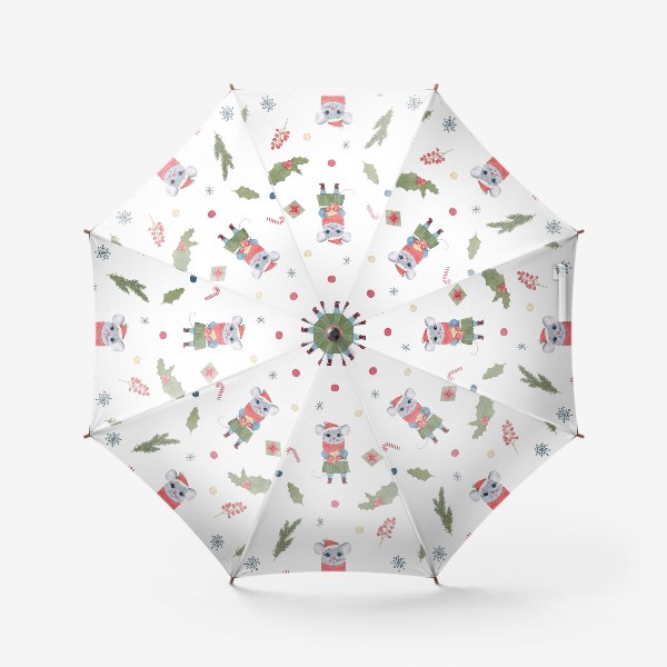 Зонт «Мышонок с новогодним подарком. Зимний акварельный рождественский  принт на белом фоне.»