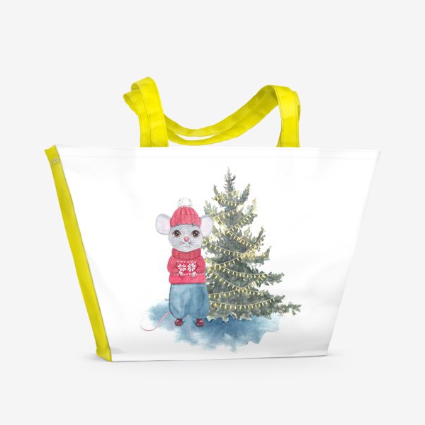 Пляжная сумка &laquo;Мышь (крыса) у новогодней ели, символ 2020 года. Зимний акварельный принт на белом фоне.&raquo;