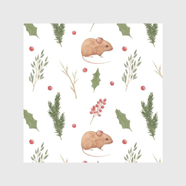 Шторы &laquo;Мышка и зимние растения,  акварельный новогодний и рождественский лесной принт на белом фоне.&raquo;