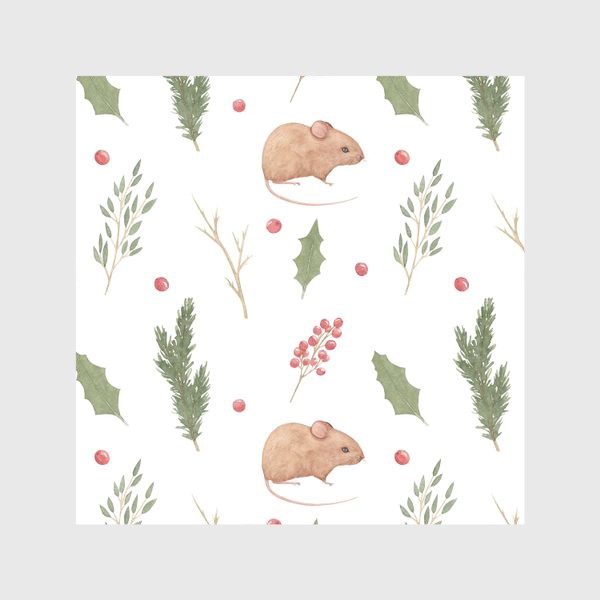 Скатерть &laquo;Мышка и зимние растения,  акварельный новогодний и рождественский лесной принт на белом фоне.&raquo;