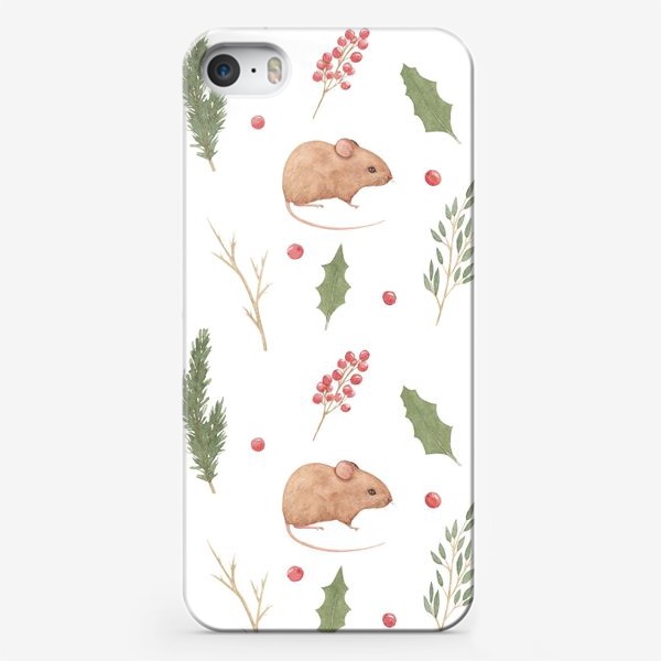 Чехол iPhone «Мышка и зимние растения,  акварельный новогодний и рождественский лесной принт на белом фоне.»