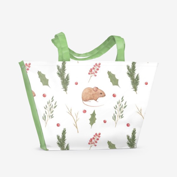 Пляжная сумка &laquo;Мышка и зимние растения,  акварельный новогодний и рождественский лесной принт на белом фоне.&raquo;