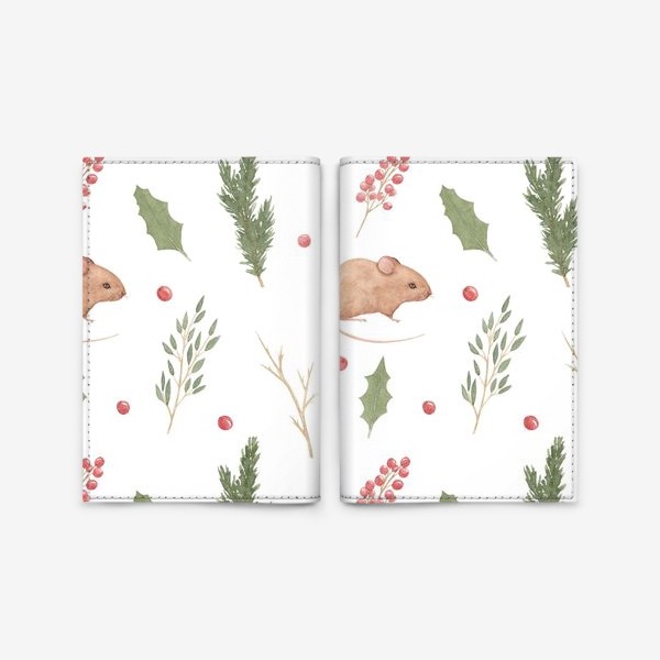 Обложка для паспорта «Мышка и зимние растения,  акварельный новогодний и рождественский лесной принт на белом фоне.»