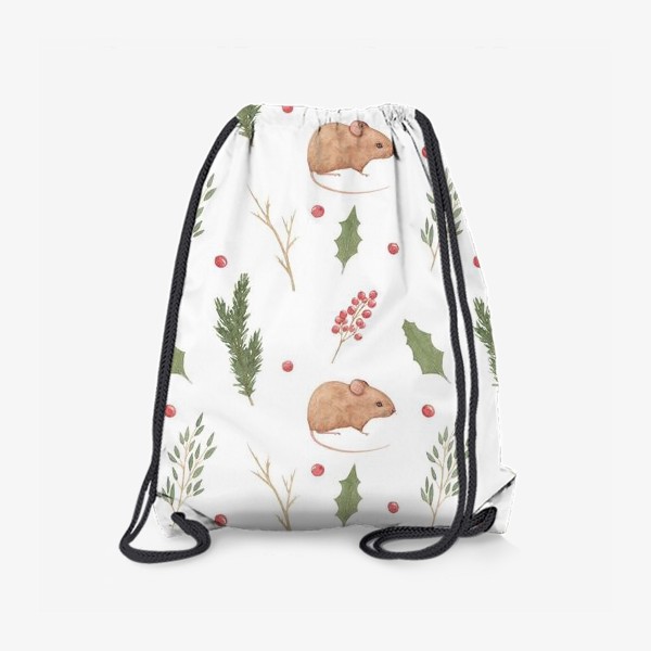 Рюкзак «Мышка и зимние растения,  акварельный новогодний и рождественский лесной принт на белом фоне.»