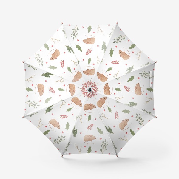 Зонт «Мышка и зимние растения,  акварельный новогодний и рождественский лесной принт на белом фоне.»