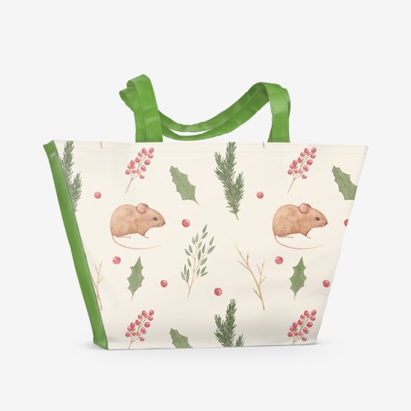 Пляжная сумка &laquo;Мышка и зимние растения,  акварельный новогодний и рождественский лесной принт на бежевом фоне.&raquo;