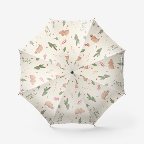 Зонт «Мышка и зимние растения,  акварельный новогодний и рождественский лесной принт на бежевом фоне.»